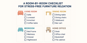 Room-by-room checklist for stress-free furniture arrangement and regulation in a well-organized living space.