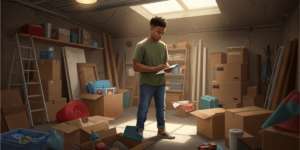 A man stands amidst boxes and miscellaneous items in a garage, appearing to organize or assess the space.