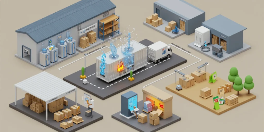 Isometric illustration of a warehouse filled with industrial machinery and equipment, highlighting a functional workspace.