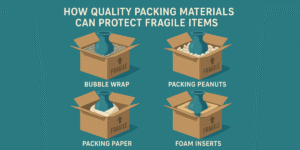 Visual of packing materials like bubble wrap and foam, illustrating their role in safeguarding fragile items.