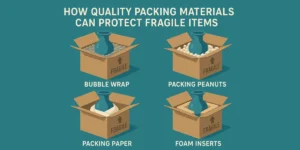 Visual of packing materials like bubble wrap and foam, illustrating their role in safeguarding fragile items.