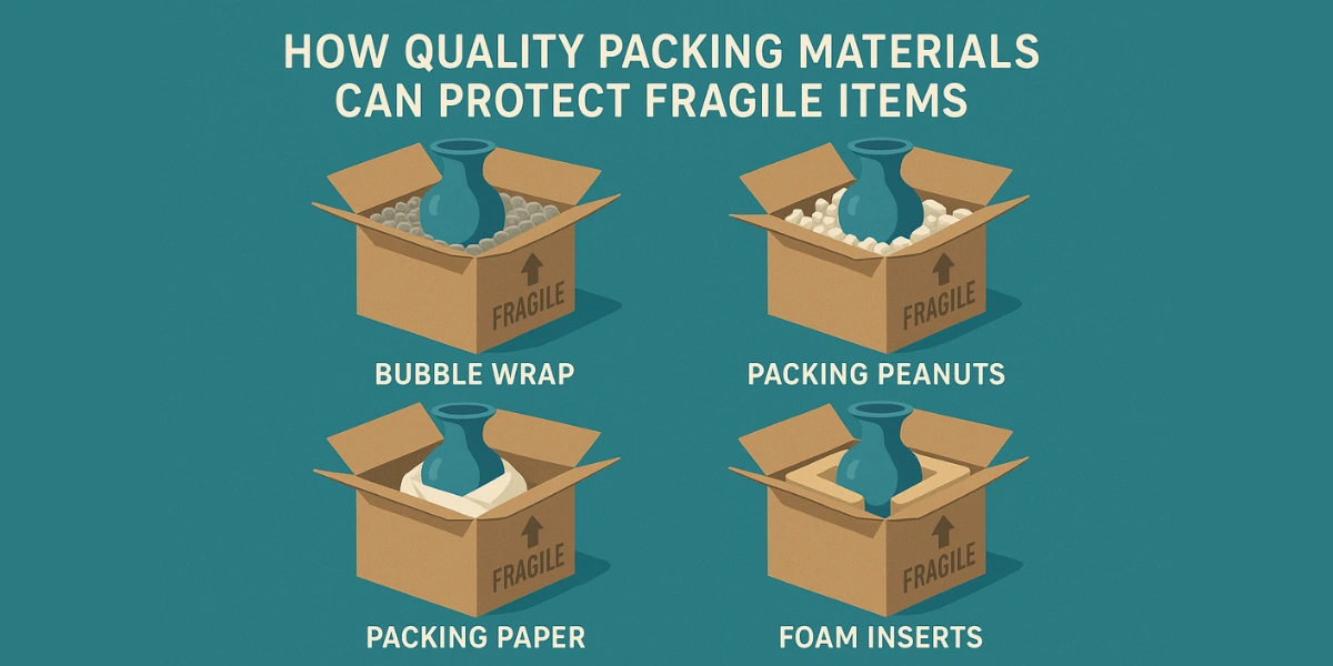 Visual of packing materials like bubble wrap and foam, illustrating their role in safeguarding fragile items.