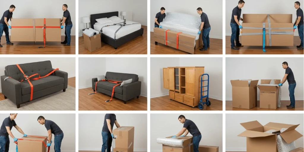 A collection of images depicting the process of moving various pieces of furniture in different environments.