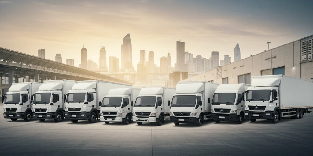 Several white trucks are parked in front of a city, highlighting a busy urban environment and transportation scene.