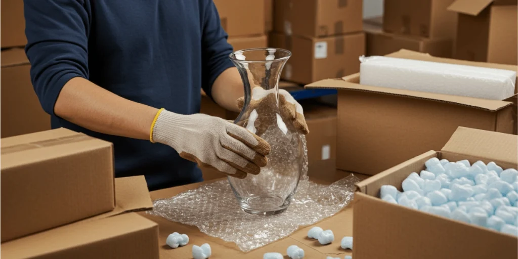 A man carefully packs a vase into a box, preparing for a move or shipment.