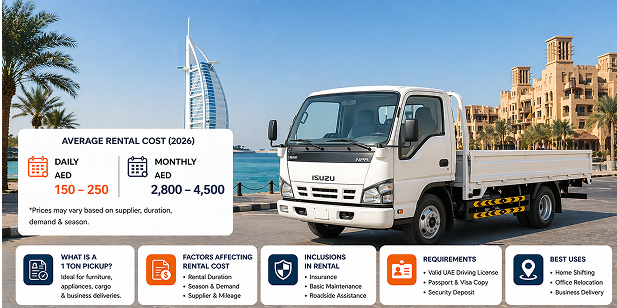 1 ton pickup truck rental Dubai for house shifting and cargo transport services