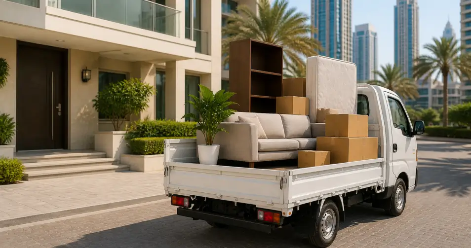 Furniture loaded in a 1 ton pickup truck in Dubai