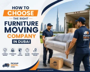 Two professional movers carefully carrying a wrapped sofa in Dubai with skyline in background – Pickup Rental Dubai.
